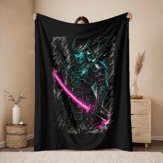 Neon Samurai Warrior Illustration Throw Blankets