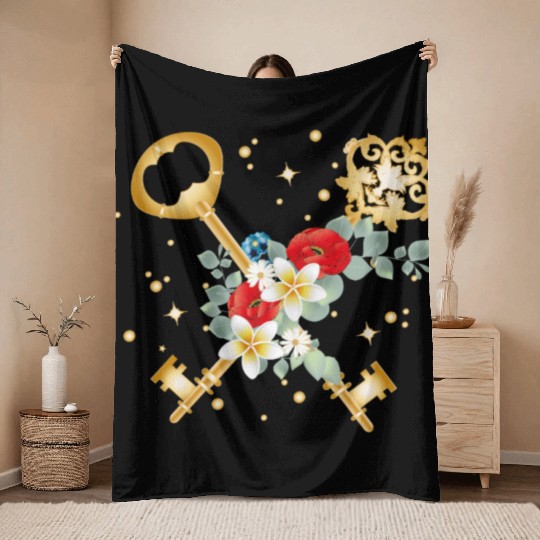 Crossed Keys with Flowers in Gold Style Throw Blankets