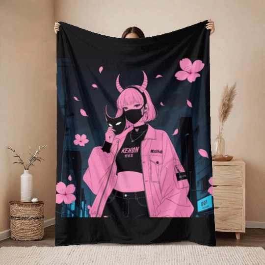 Neon Sakura Night Streetwear Design Throw Blankets
