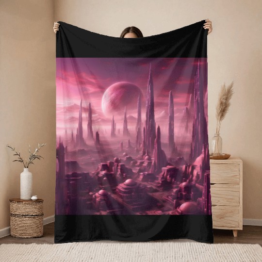 Futuristic Alien Skyline in Pink Hues Throw Blankets