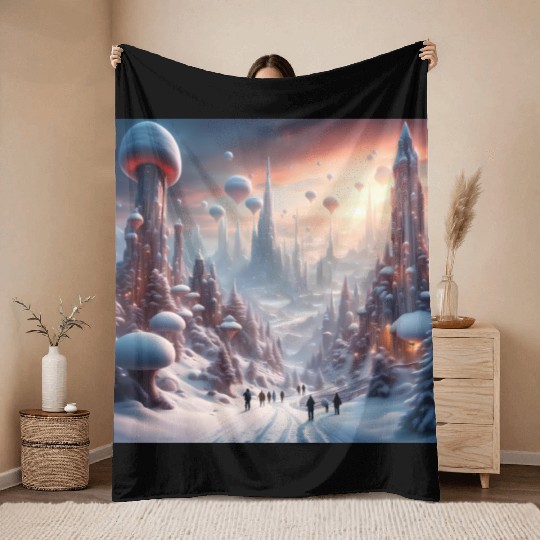 Futuristic Snowy Cityscape with Floating Balloons Throw Blankets