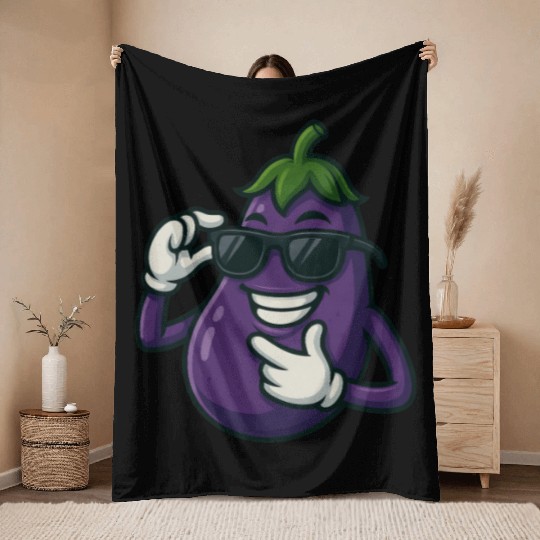 Cool eggplant vegetable design with sunglasses car Throw Blankets