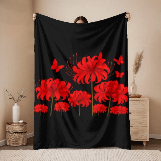 Vivid Red Hibiscus with Butterflies Throw Blankets