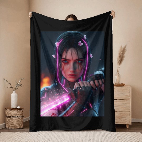 Cyberpunk Samurai Girl Throw Blankets