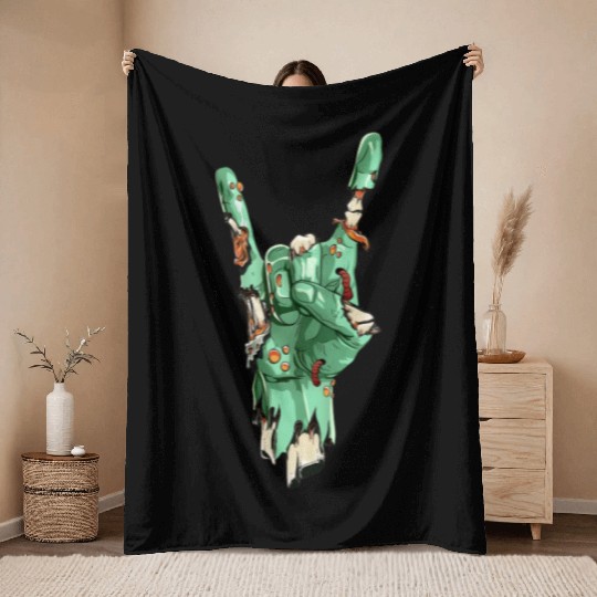 Zombie Hand Rock Sign Zombies Horror Halloween Throw Blankets