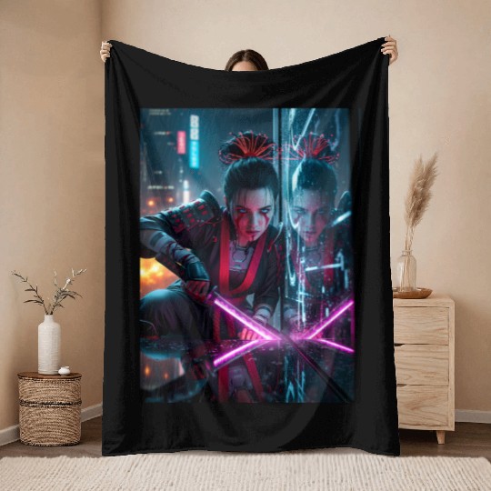 Cyberpunk Samurai Girl Throw Blankets
