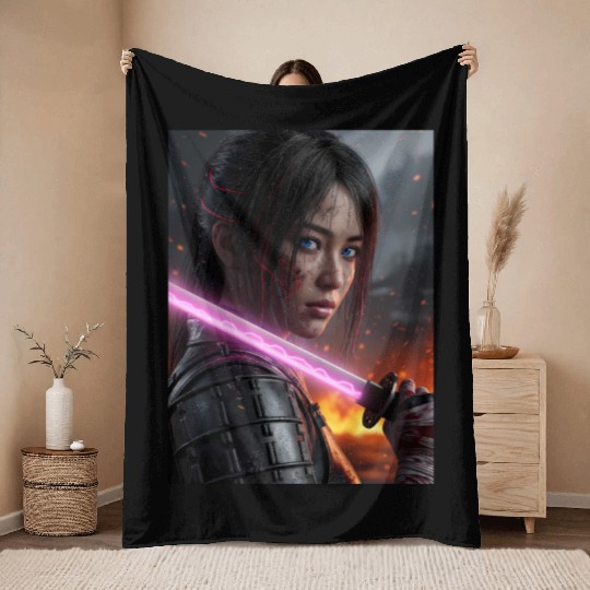 Cyberpunk Samurai Girl Throw Blankets
