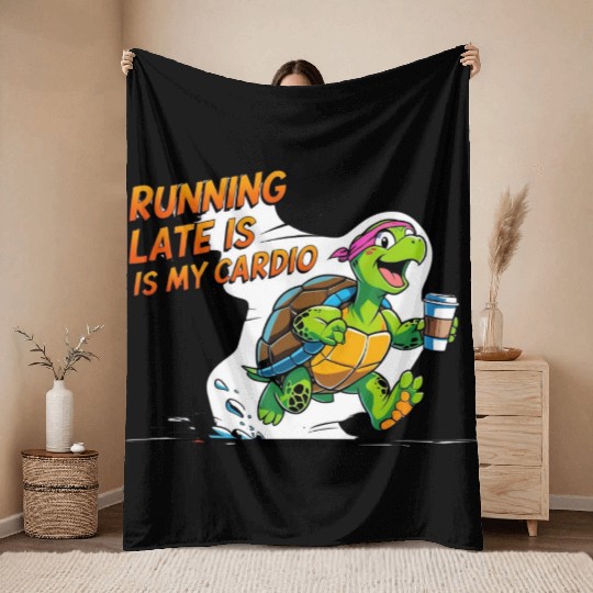 Turtle Running Late with Coffee Throw Blankets