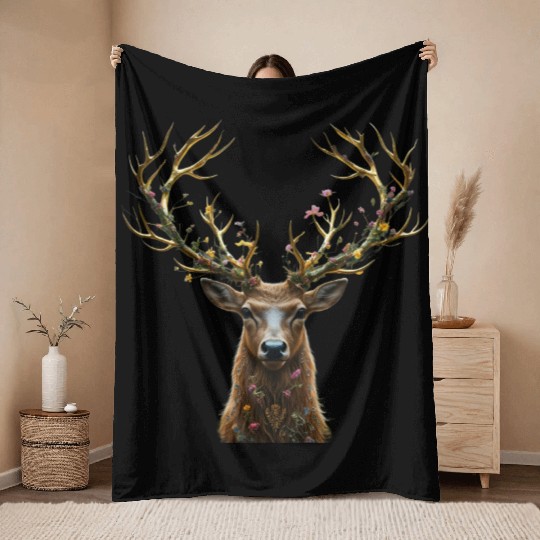 Enchanted Forest Deer Illustration Throw Blankets