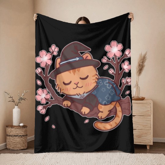 Kawaii Wizard Cat Sleeping on Sakura Tree – Magic  Throw Blankets