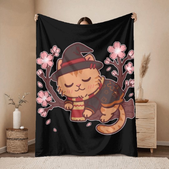 Cute Witch Cat with Cherry Blossoms Throw Blankets