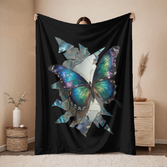 Vivid Butterflies Breaking Through Glass Throw Blankets