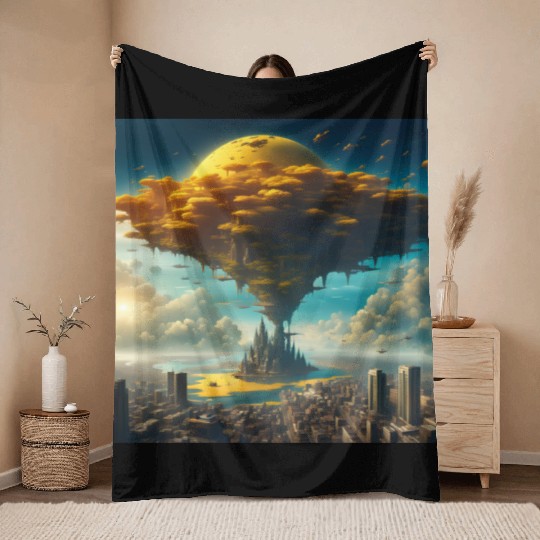 Sci-Fi Alien City: Floating Planet Twilight Scene Throw Blankets
