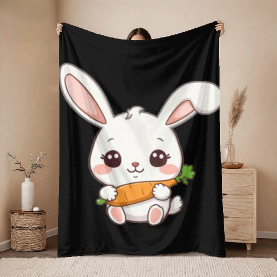 Cute Bunny with Carrot Illustration Throw Blankets