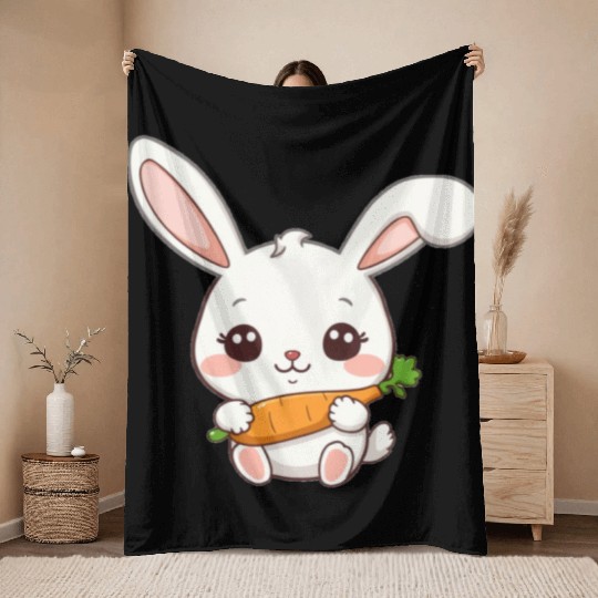 Cute Bunny with Carrot Illustration Throw Blankets