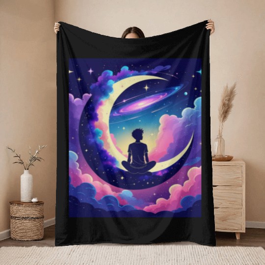 Cosmic Dreamer Moon and Galaxy Scene Throw Blankets