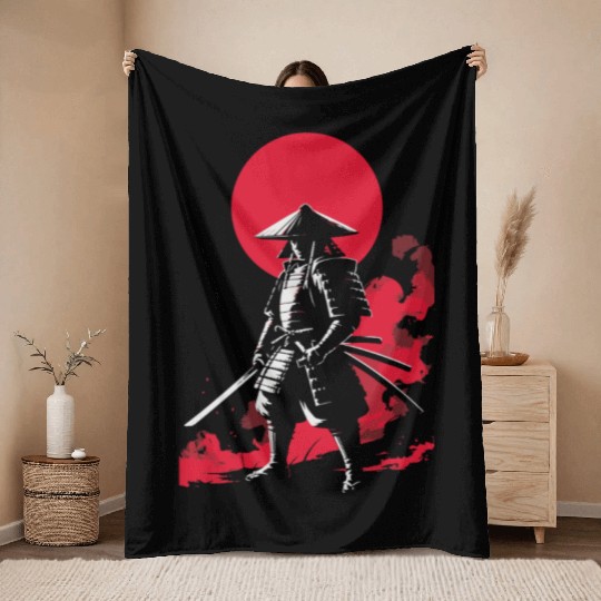 Samurai Warrior with Red Sun Backdrop Throw Blankets