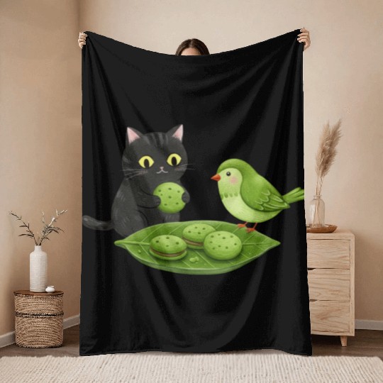 Whimsical Cat Bird Snack Scene Throw Blankets