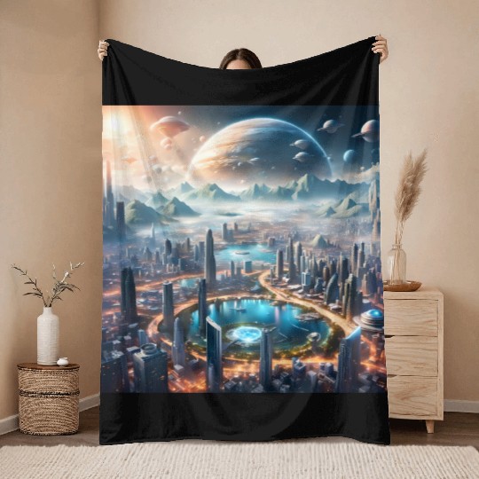 Futuristic Cityscape with Alien Planets Sci-Fi Throw Blankets