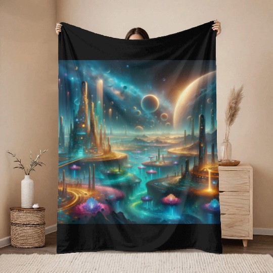 Futuristic Alien Landscape Design Fantasy Sci-Fi Throw Blankets