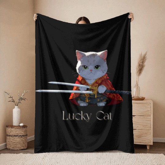 Mythic Warrior Cat with Swords Throw Blankets