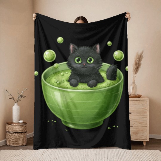 Black Cat in Green Tea Bubble Bath Throw Blankets
