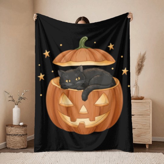 Black Cat in Jack-O-Lantern Pumpkin Throw Blankets