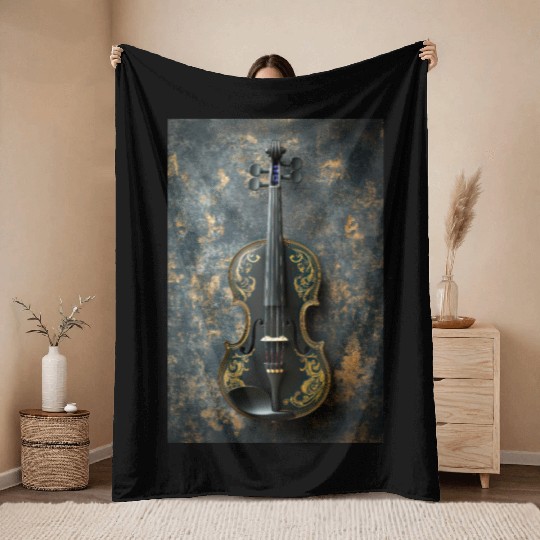 Elegant Black and Gold Violin Throw Blankets