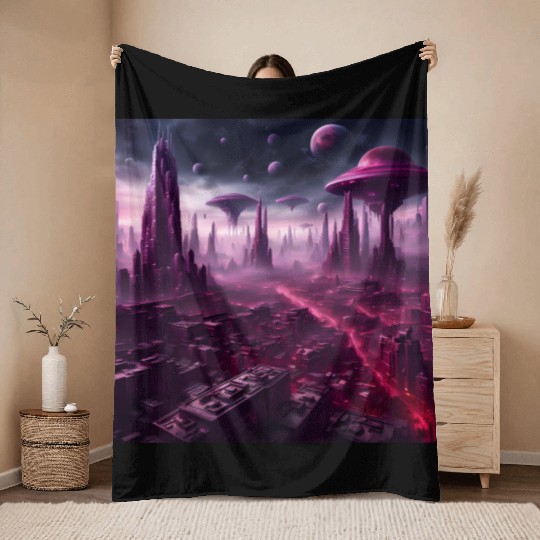 Sci-Fi Future World And Alien City in Neon Pink Throw Blankets