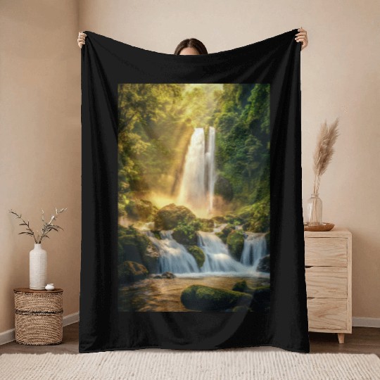 Sunrise Over Hidden Waterfall Throw Blankets
