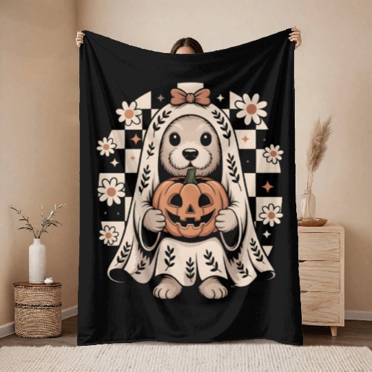 Boho Ghost Dog Halloween Gift with Flowers Throw Blankets