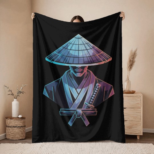 Futuristic Samurai with Neon Hat Throw Blankets