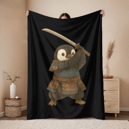 Penguin Samurai katana sword martial arts Japan Throw Blankets