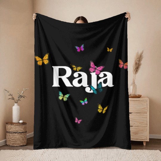 RAJA - beautiful girl name with cute butterflies Throw Blankets