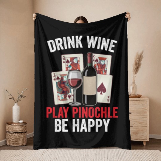 Funny Pinochle And Wine Playing Card Deck Games Throw Blankets