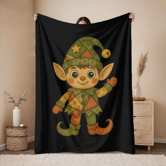 Patchwork Elf Christmas Vintage Folk Art Throw Blankets