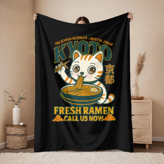 Kyoto Cat Ramen Delicious Drink Design Throw Blankets