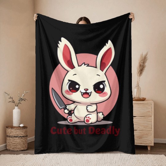 Cute Bunny with a Dagger Design Throw Blankets