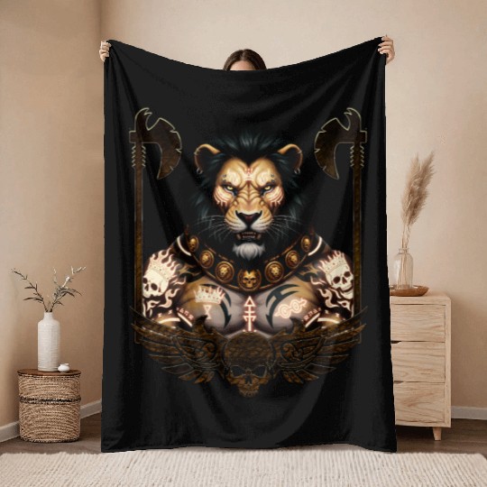 King Lion Warrior Tattoo  Throw Blankets