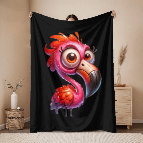 Whimsical Pink Flamingo Cartoon Style Throw Blankets