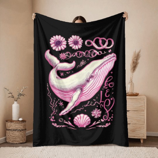 Pink Whimsical Whale with Floral Accents Throw Blankets