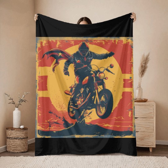 Heroic Motorcycle Rider Artwork Throw Blankets