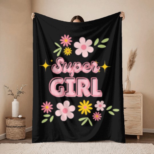 Super Girl Floral Sparkle Design Throw Blankets