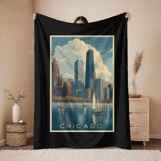 Chicago Skyline with Sailboats Throw Blankets