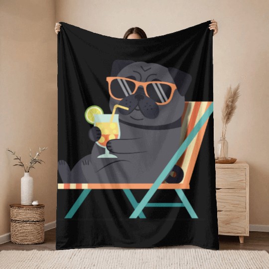 Chill Pug with Sunglasses and Lemonade Throw Blankets