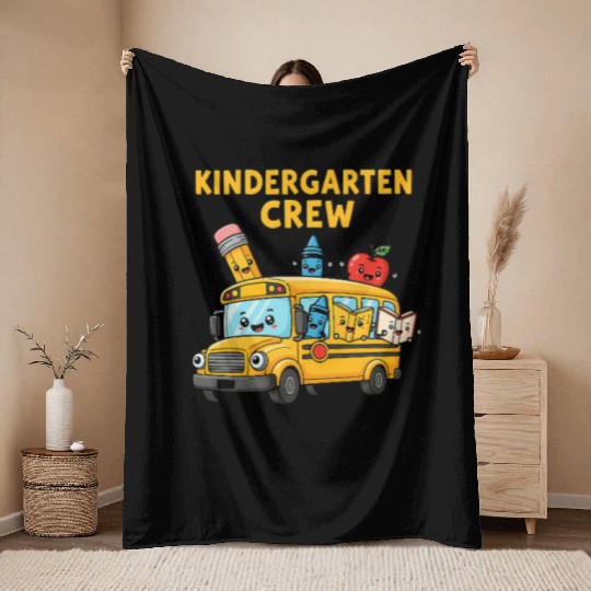 Kindergarten Crew School Bus Illustration Throw Blankets