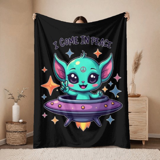 Peaceful  cute Alien- i come in peace Throw Blankets