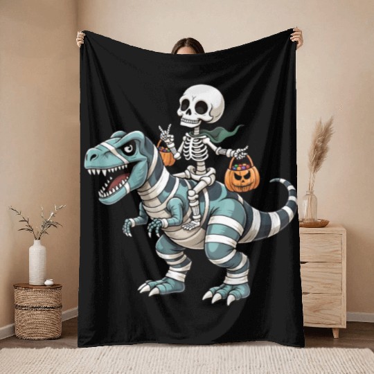 Skeleton Riding Mummy Dinosaur Funny Halloween Throw Blankets