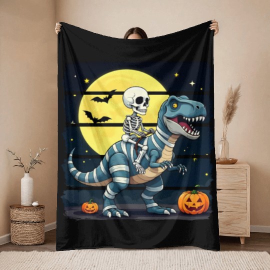 Skeleton Riding Mummy Dinosaur Funny Halloween Throw Blankets