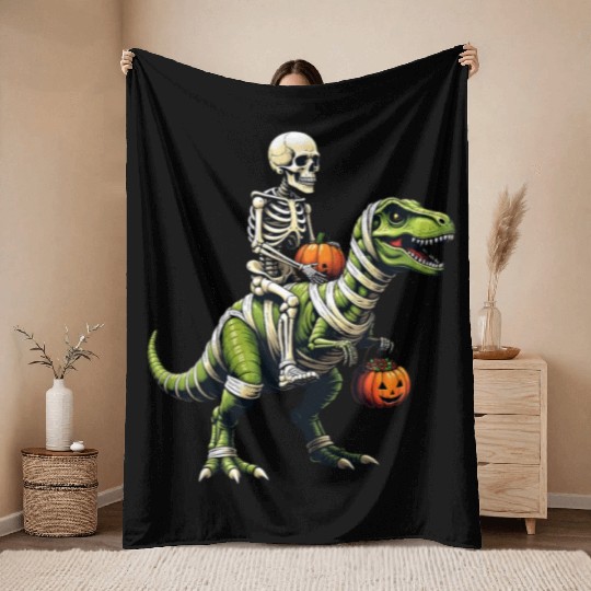 Skeleton Riding Mummy Dinosaur Funny Halloween Throw Blankets